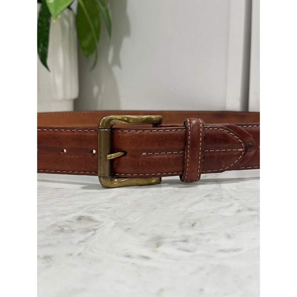 Genuine Leather Belt Mens 34 Brown Double Stitched Brass Buckle Rugged Western